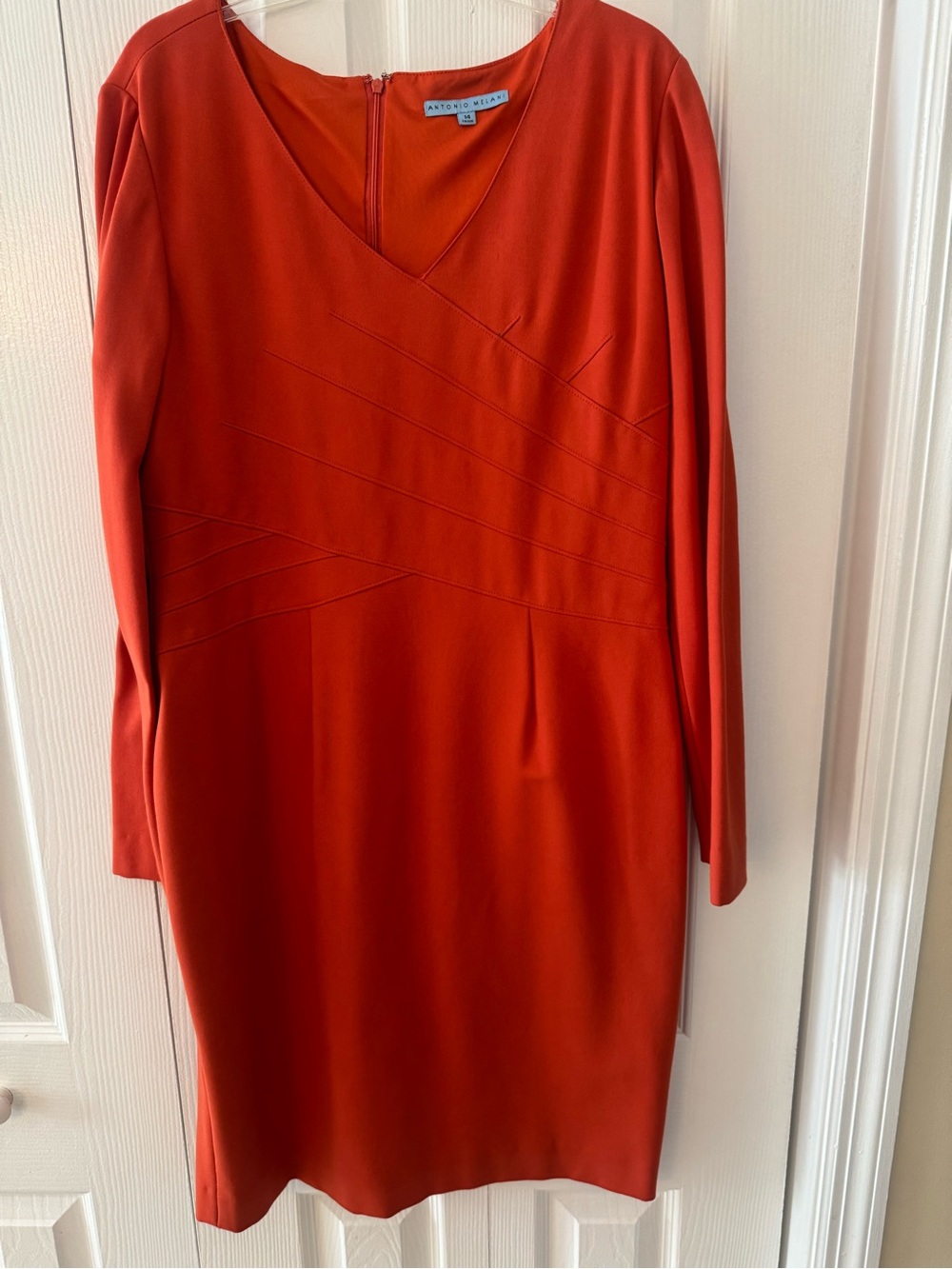 ANTONIO MELANI Rust-Red V-Neck Midi Sheath Dress